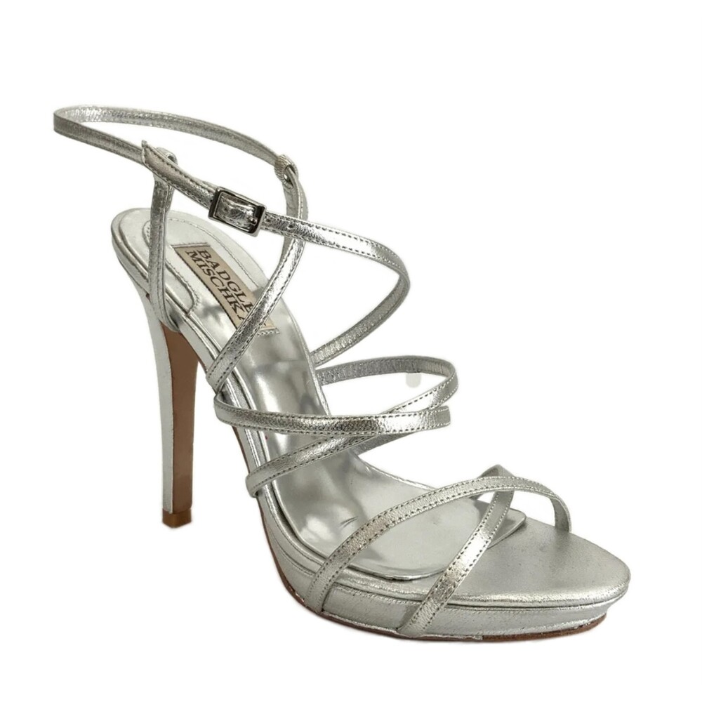 Badgley Mischka Women Size 6M Silver Stiletto Heel Leather Sandals